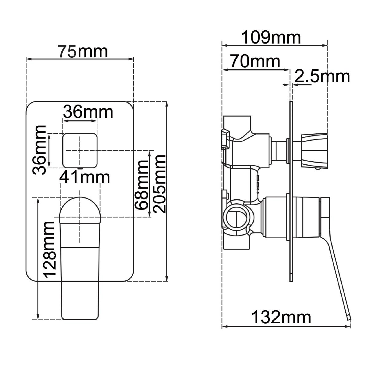RUSHY Square Black Wall Mixer With Diverter