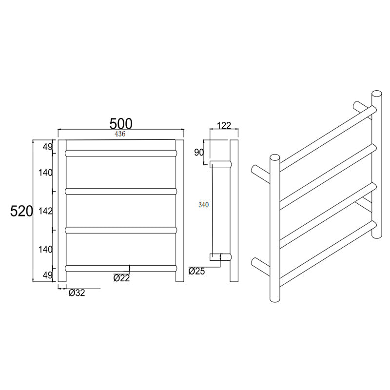 Brushed Nickel Round Electric Heated Towel Rack 4 Bars