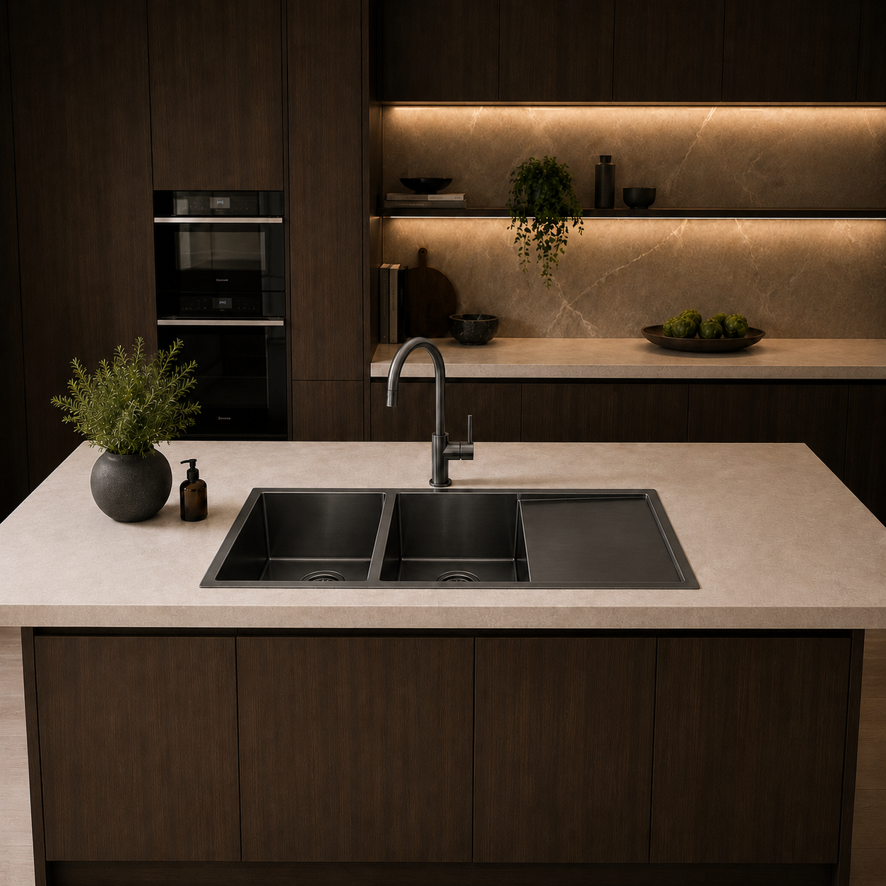 Atlas Handmade Double Bowl With Drainer Kitchen Sink in Gunmetal Black