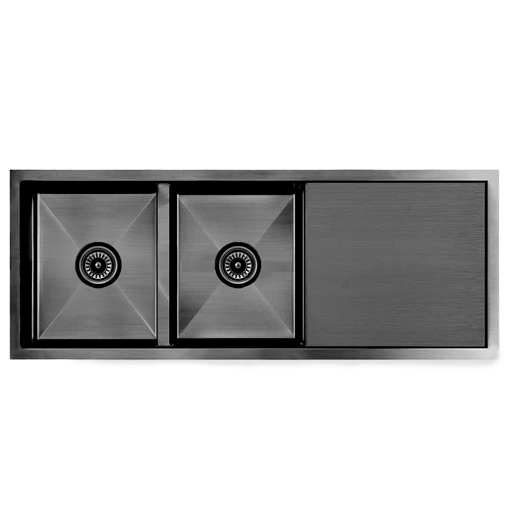 Atlas Handmade Double Bowl With Drainer Kitchen Sink in Gunmetal Black