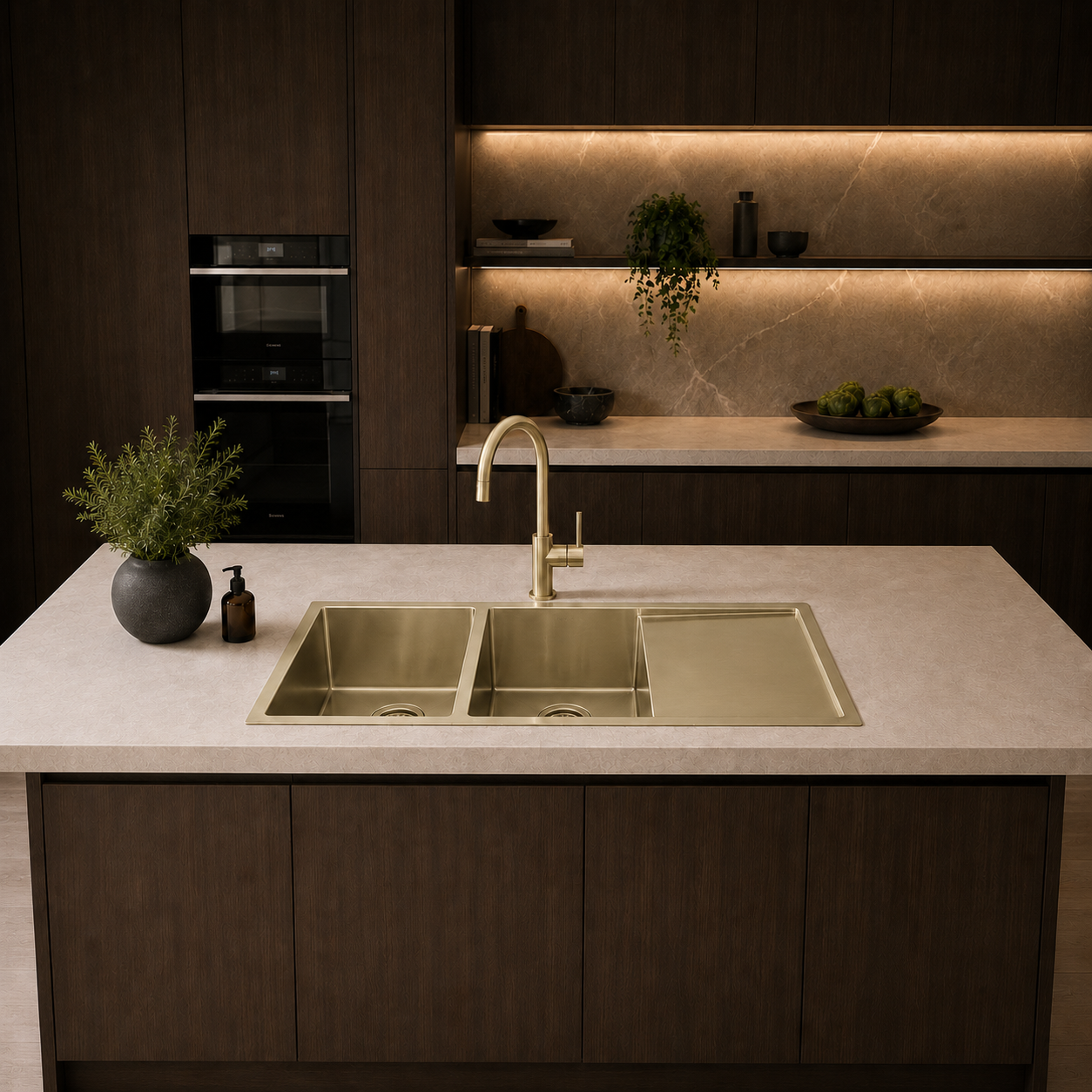 Atlas Handmade Double Bowl With Drainer Kitchen Sink in Brushed Gold