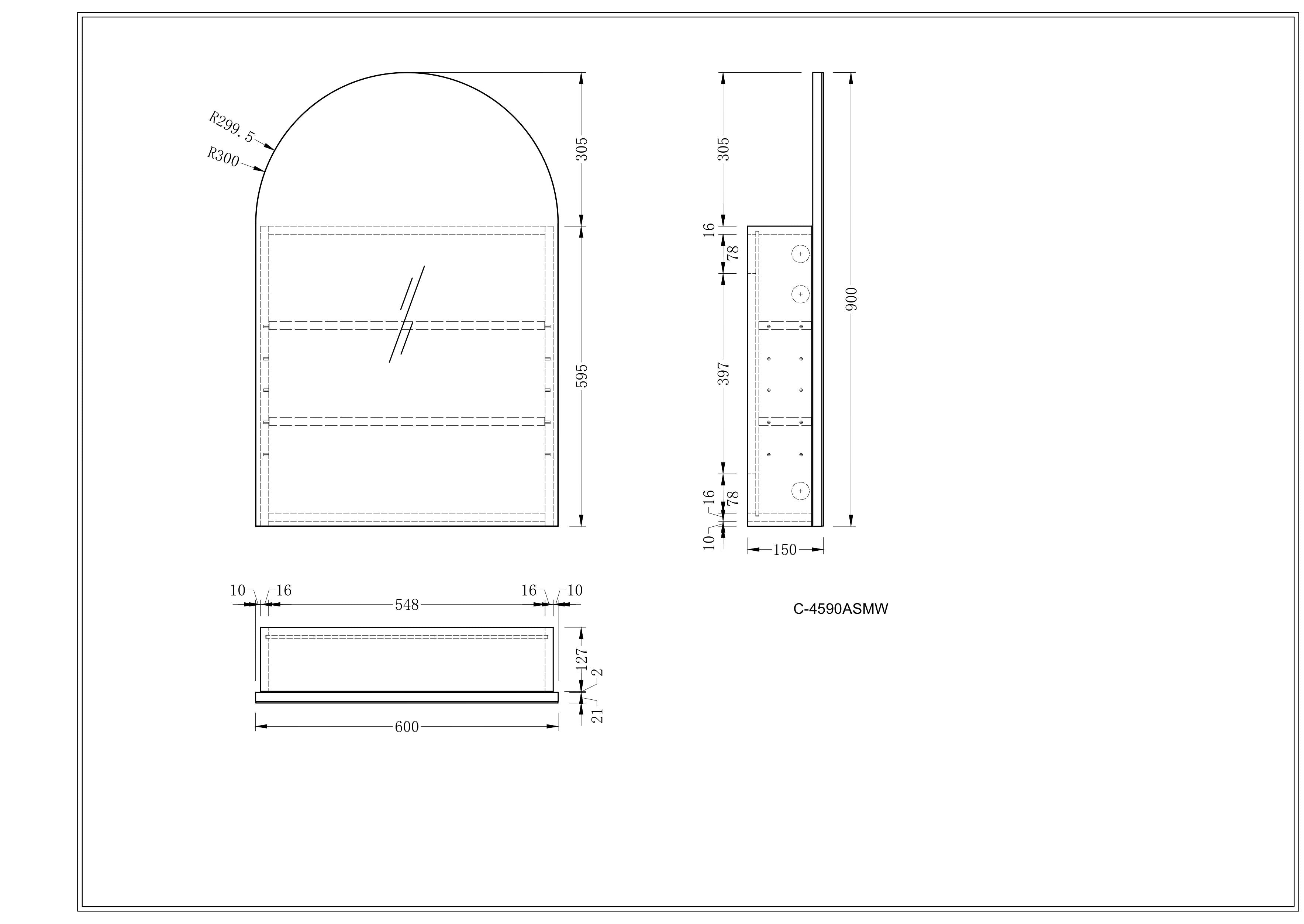 CARYSIL Imperial 600 x900mm WALNUT Arch Shaving Cabinet