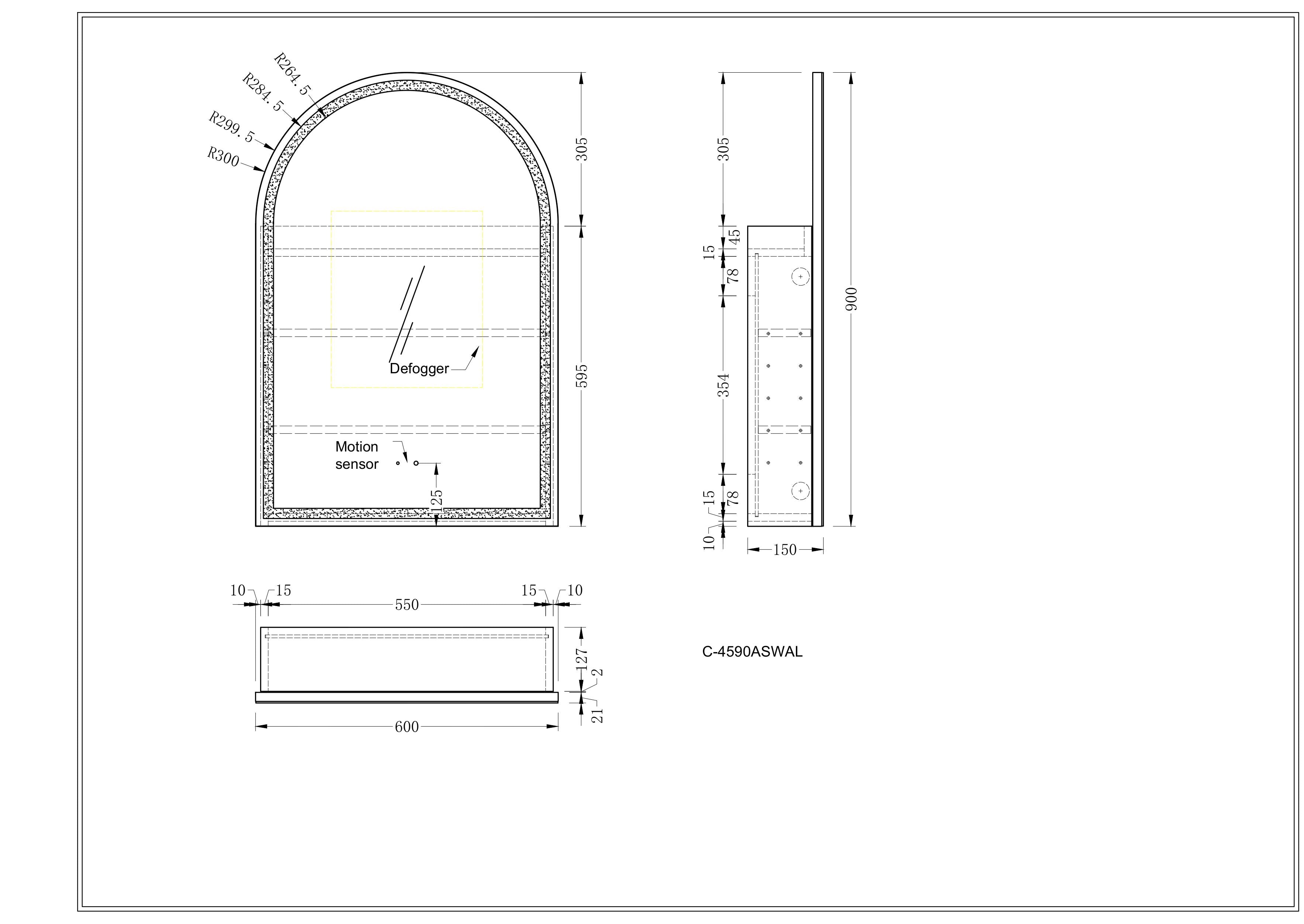 CARYSIL Imperial 600x900mm WALNUT Arch LED Shaving Cabinet