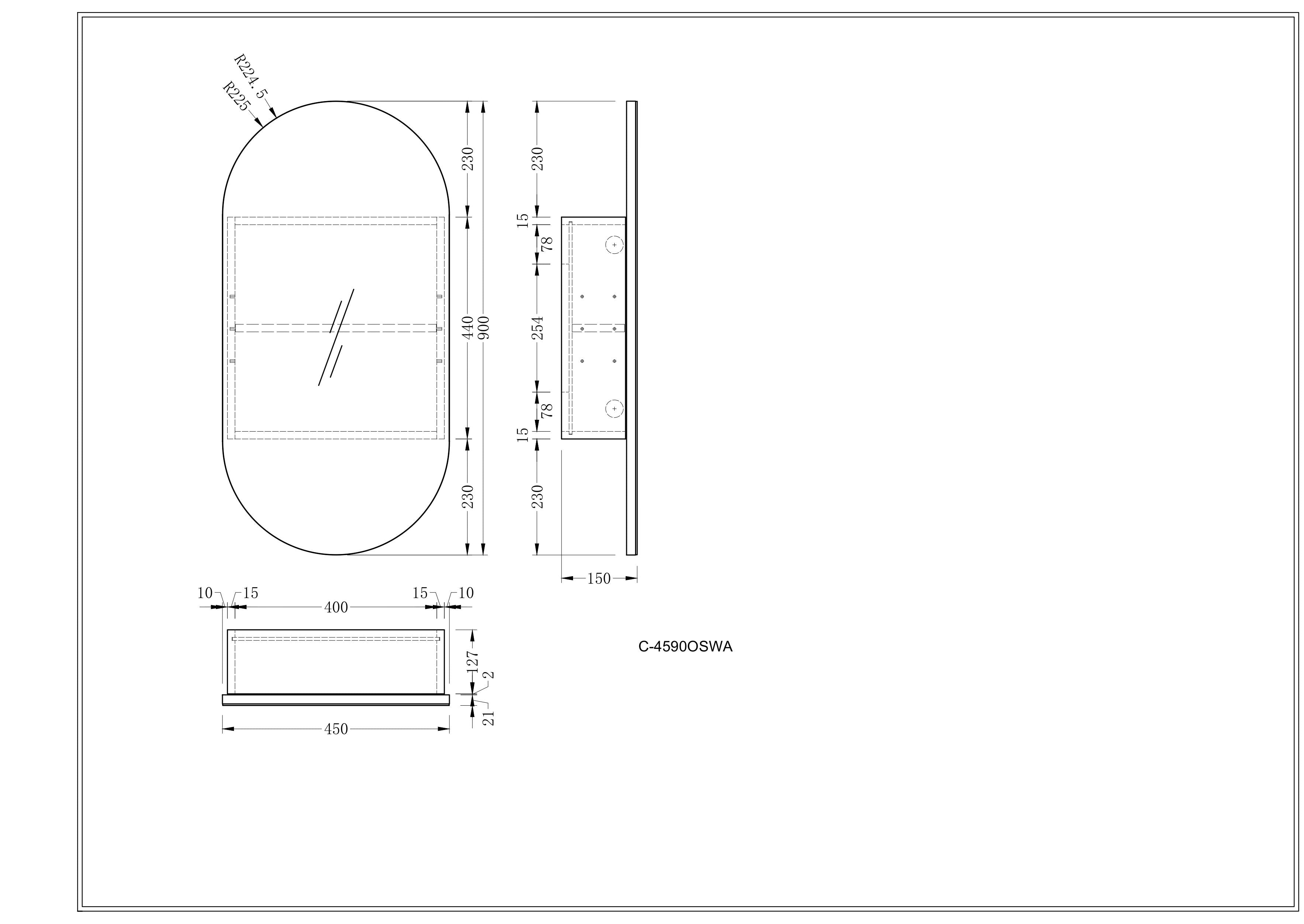 CARYSIL Noble 450x900mm WALNUT Oval Shaving Cabinet