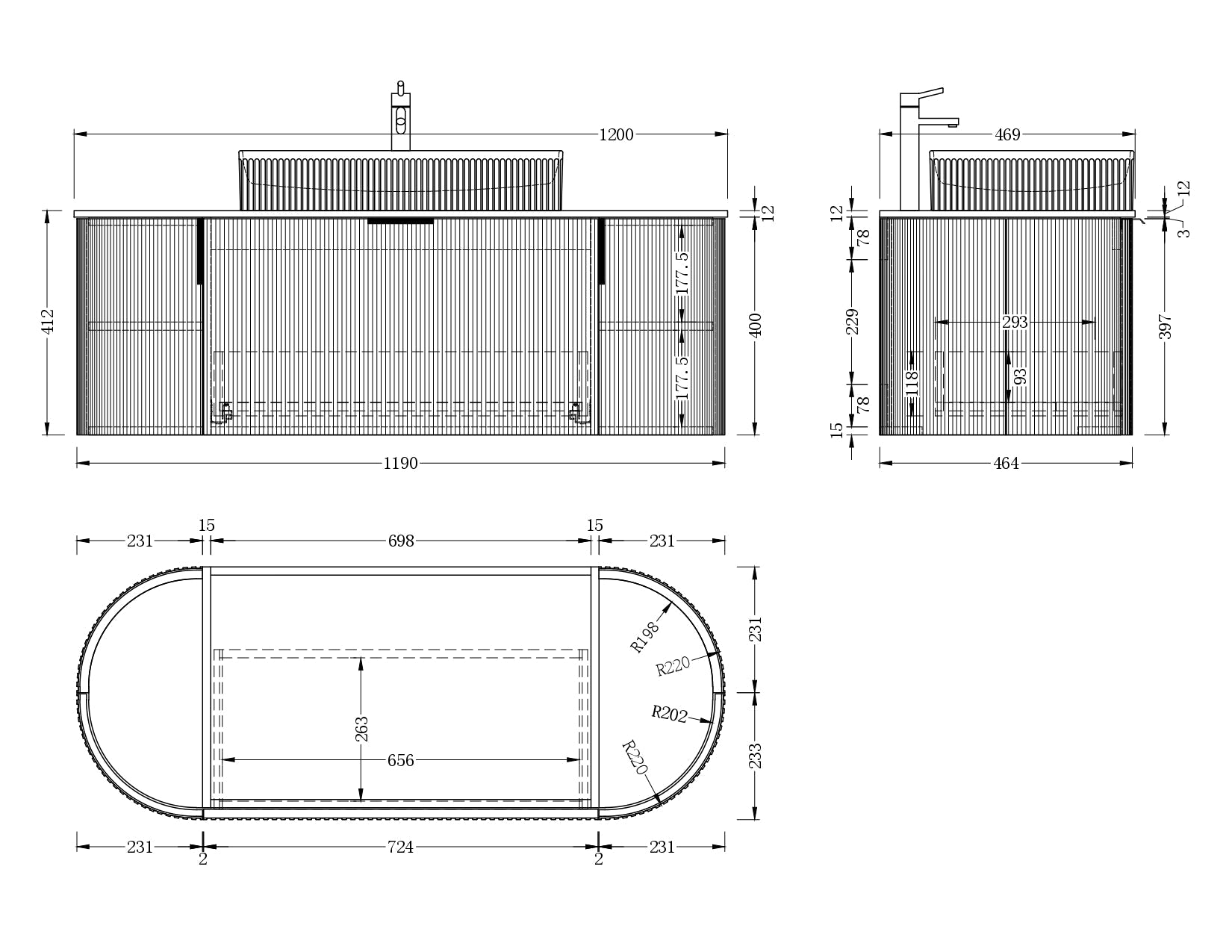 CARYSIL 1200mm Fluted Wall Hung Vanity 1200 x 469 x 412mm