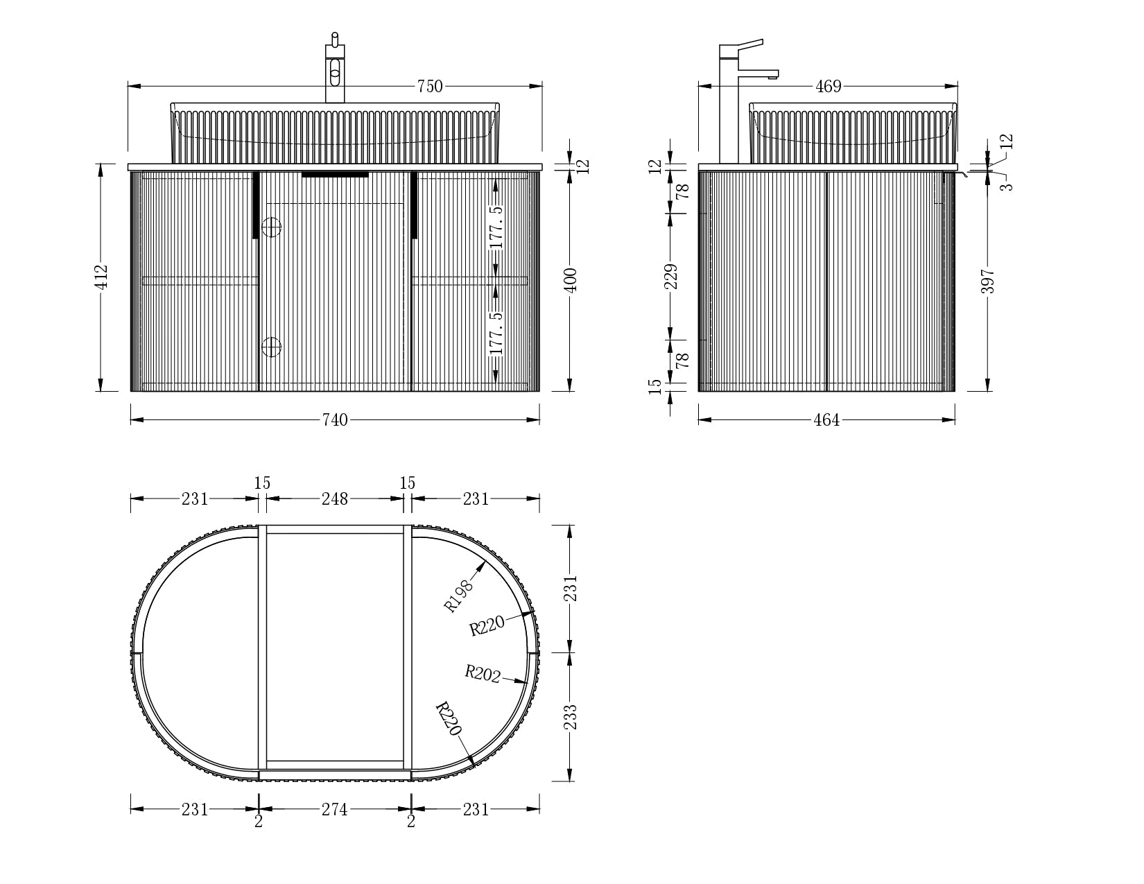 CARYSIL 750mm Fluted Wall Hung Vanity 750 x 469 x 412mm