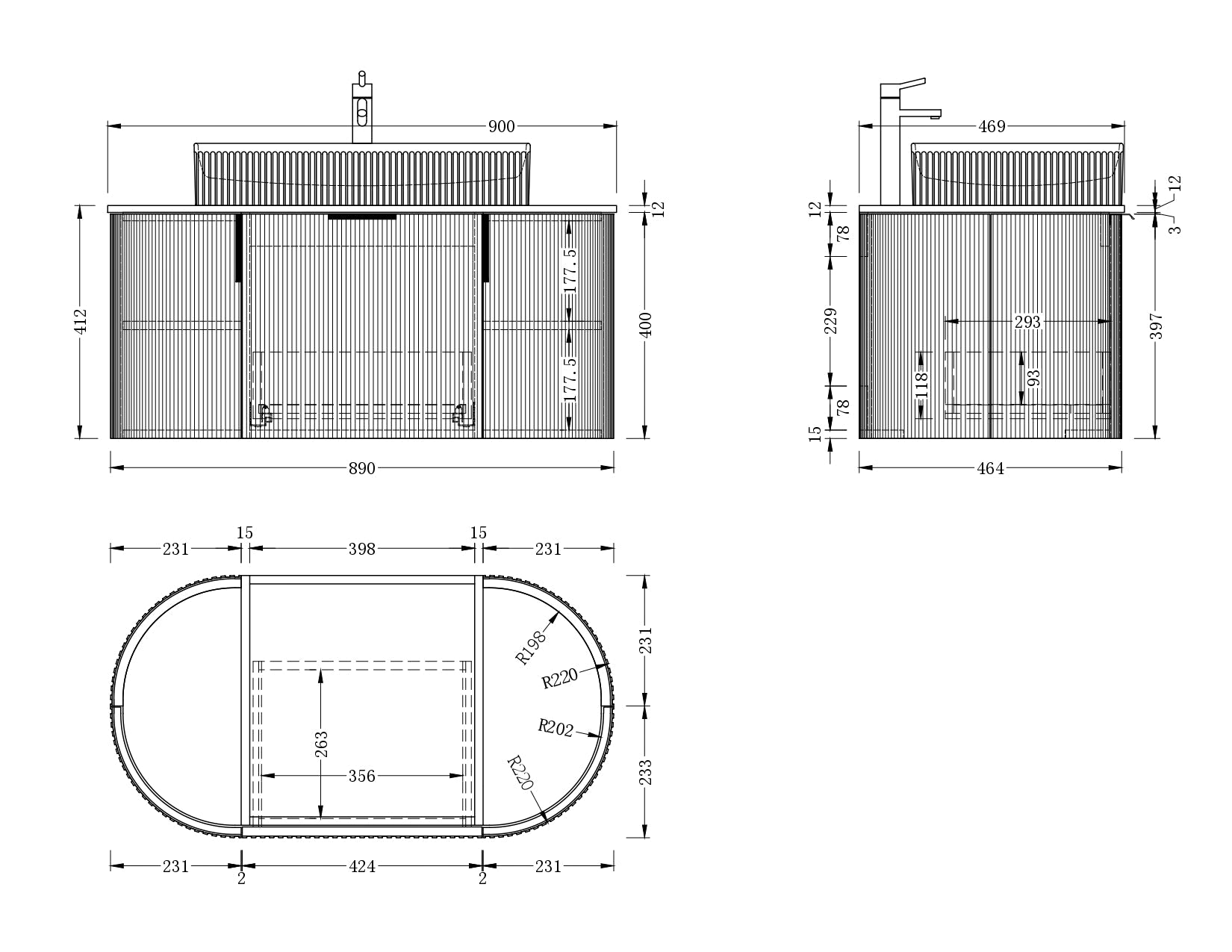 CARYSIL 900mm Fluted Wall Hung Vanity  900 x 469 x 412mm