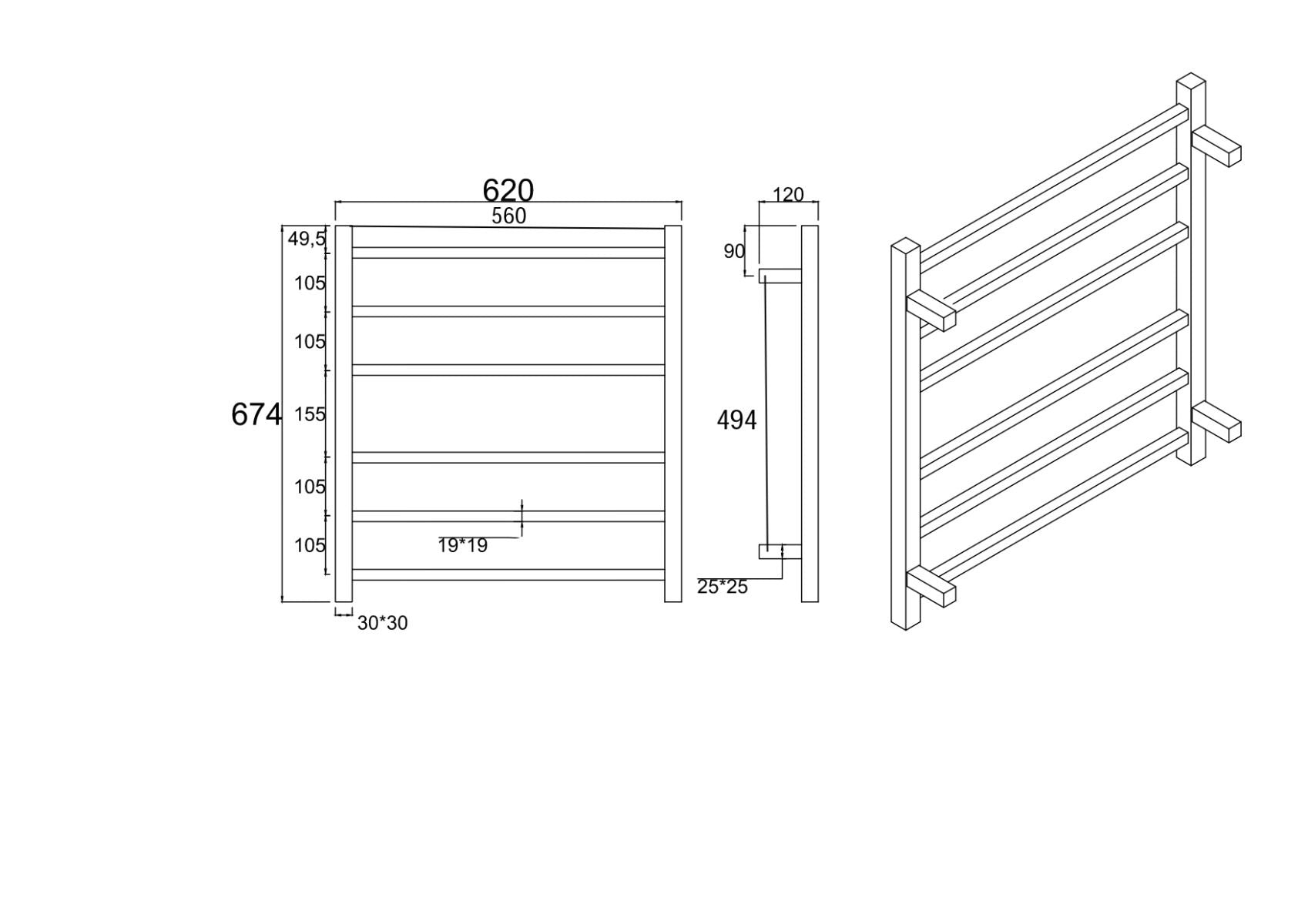 Square Chrome Electric Heated Towel Rack 6 Bars