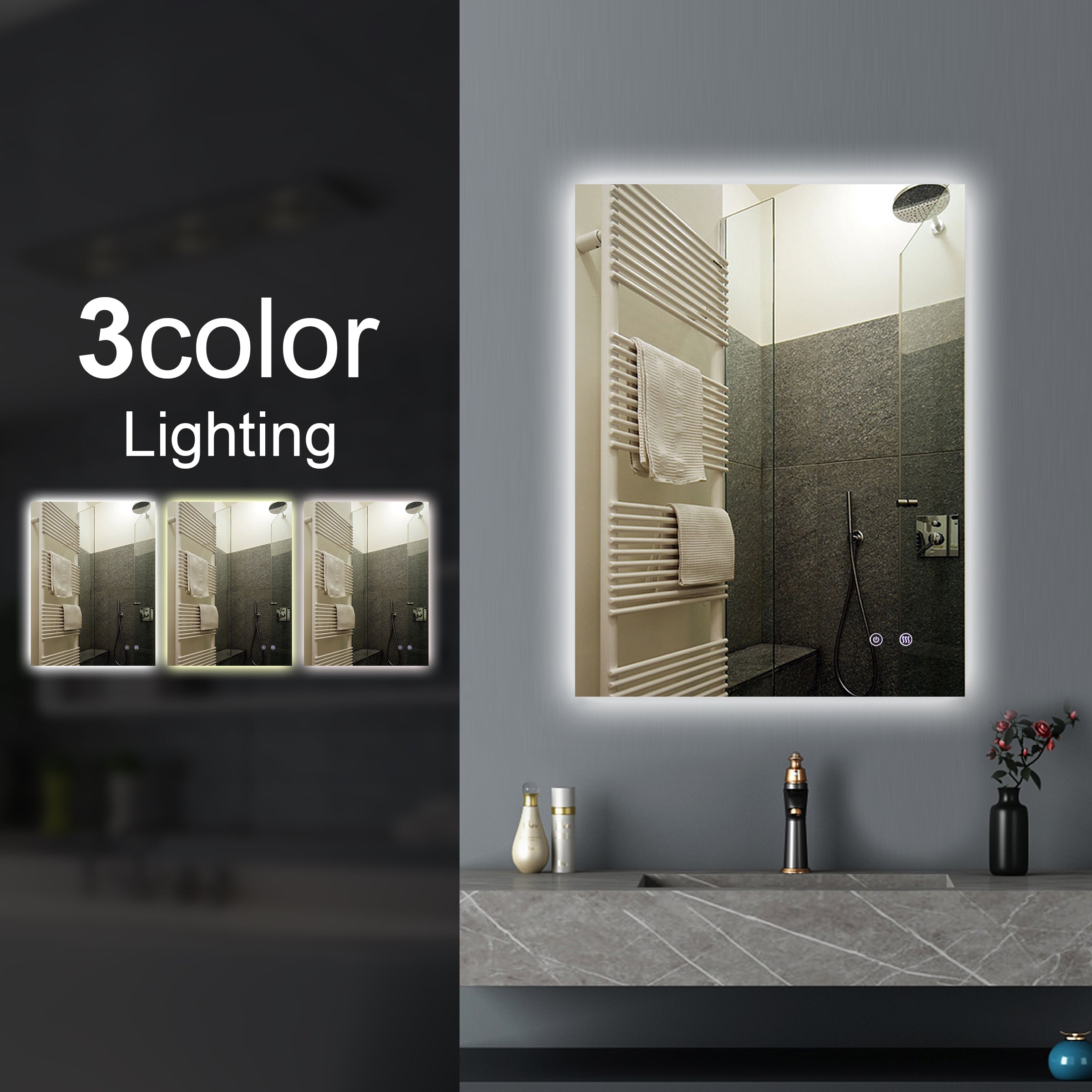600x750mm Rectangle 3 Color Lighting LED Mirror Touch Sensor Switch Defogger Pad Wall Mounted Vertical or Horizontal
