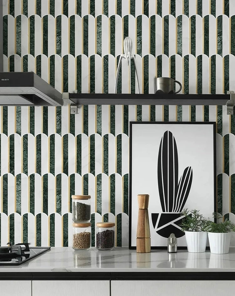 White Green Marble Arch Gold Strip Mosaic
