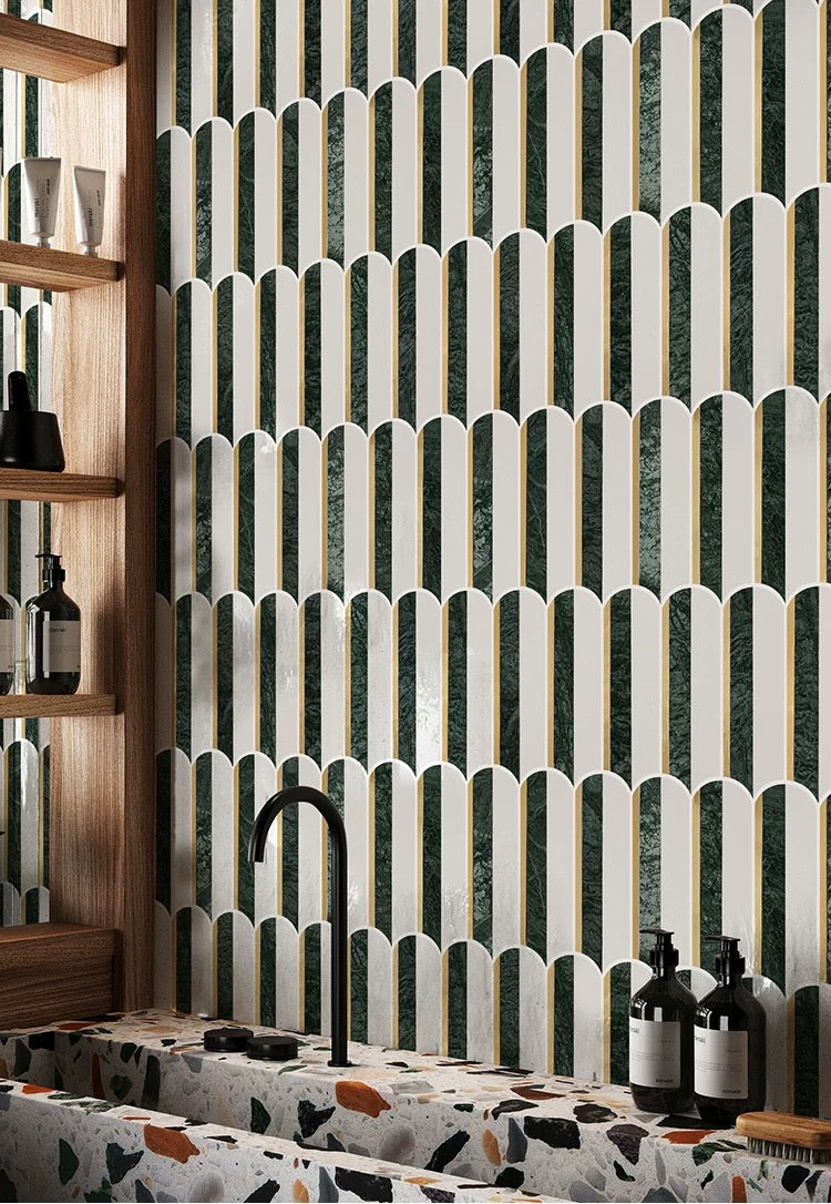 White Green Marble Arch Gold Strip Mosaic
