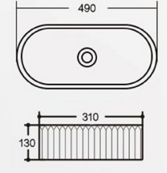 490 x 310 x 130 mm Oval Gloss White Fluted Above Counter Ceramic Basin