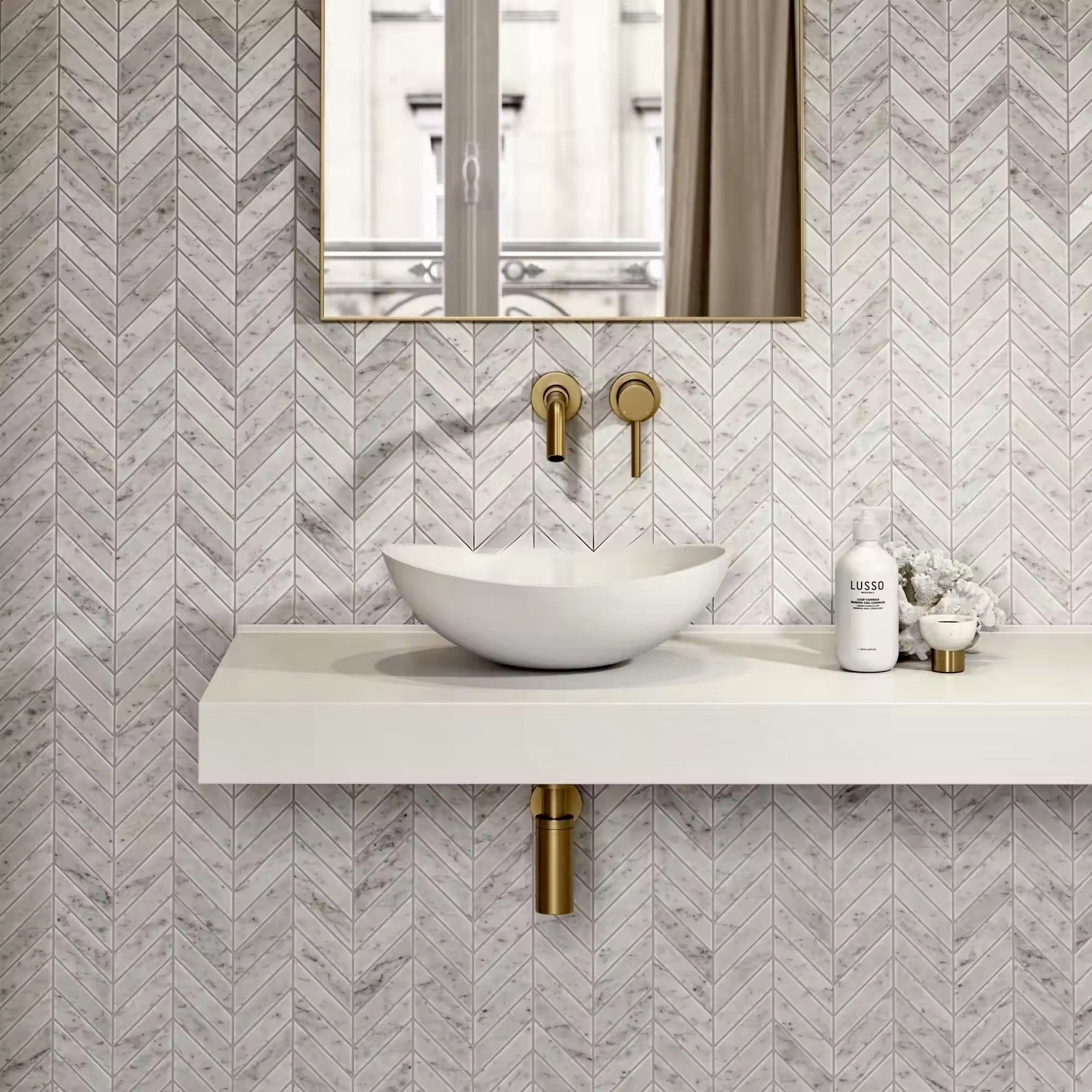 Carrara Marble Fishbone Mosaic