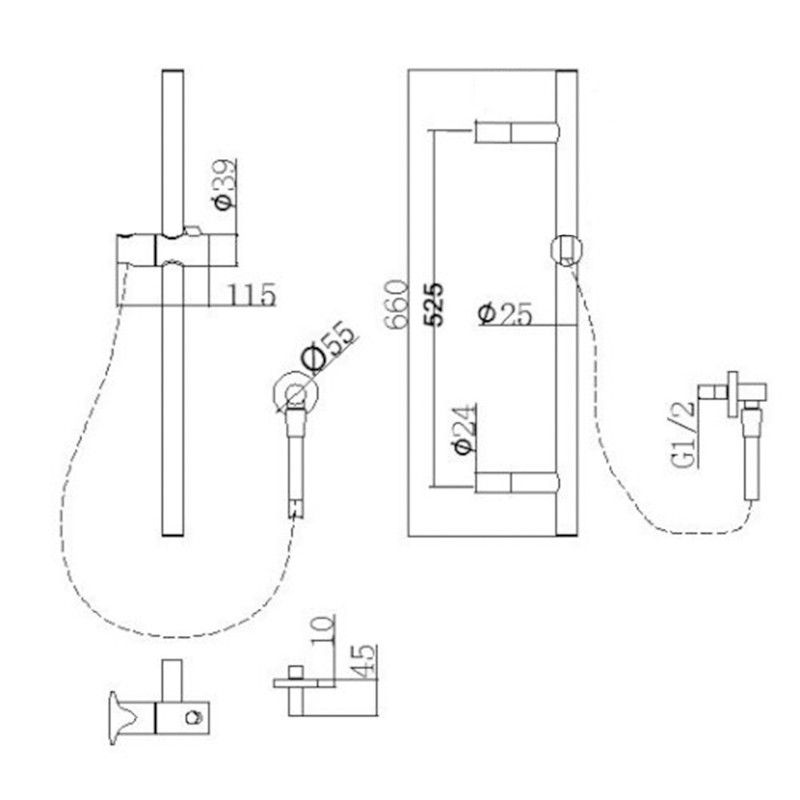 Round Gun Metal Grey Stainless Steel Rail with Handheld Shower,Fixed Wall Connector Set