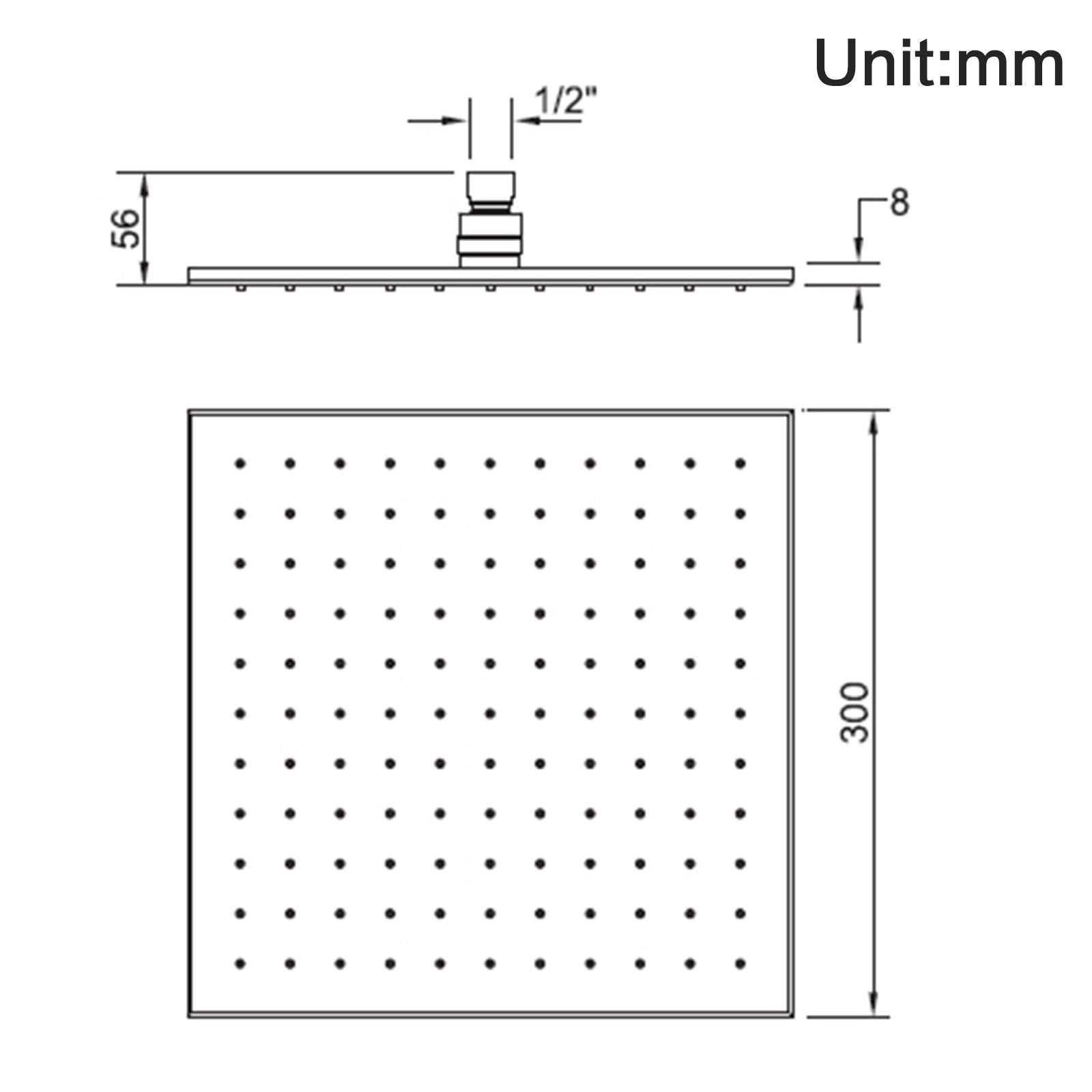 Square Black Brass Rainfall Shower Head 300mm