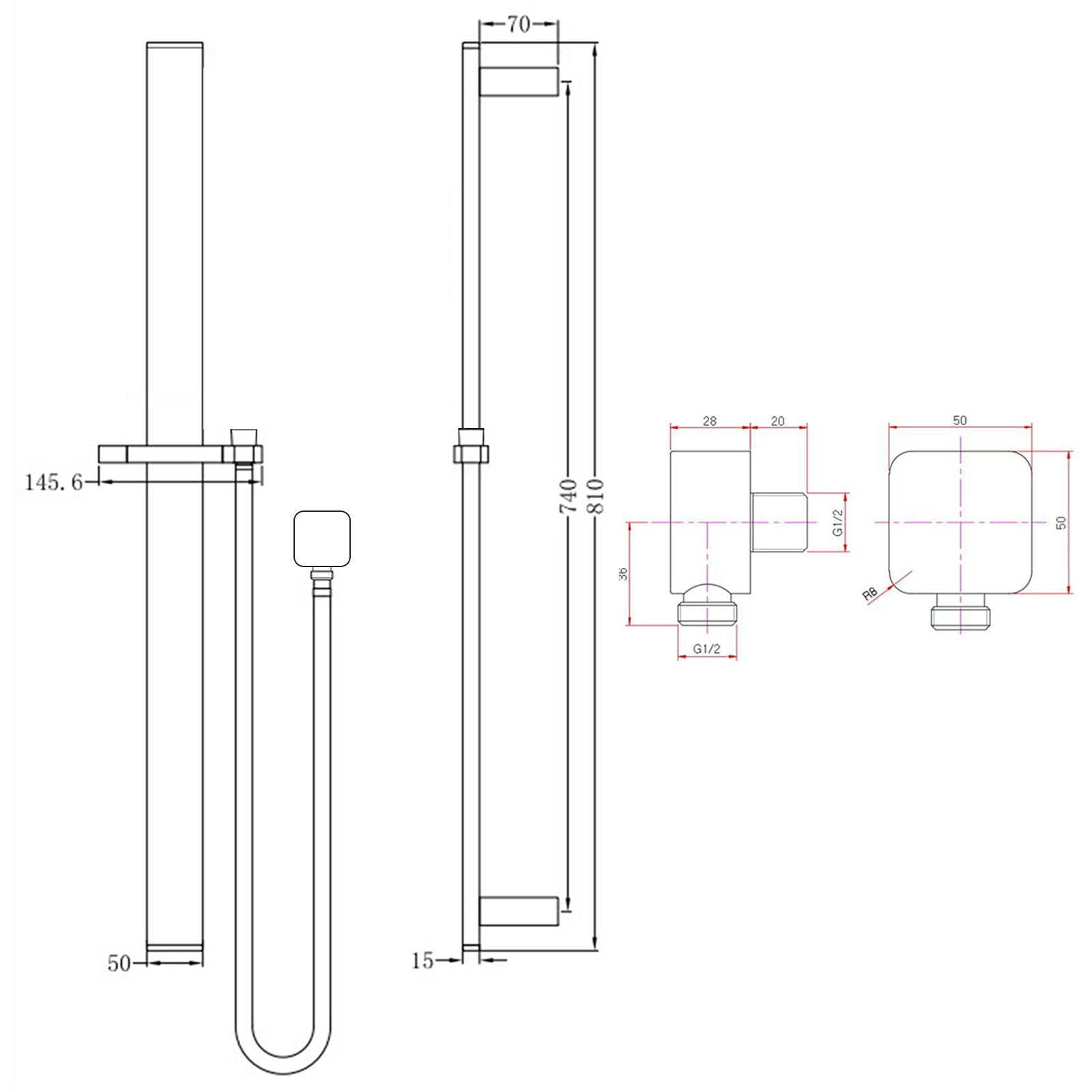 Square Gun Metal Grey Sliding Shower Rail without handheld Shower (PVC Hose)
