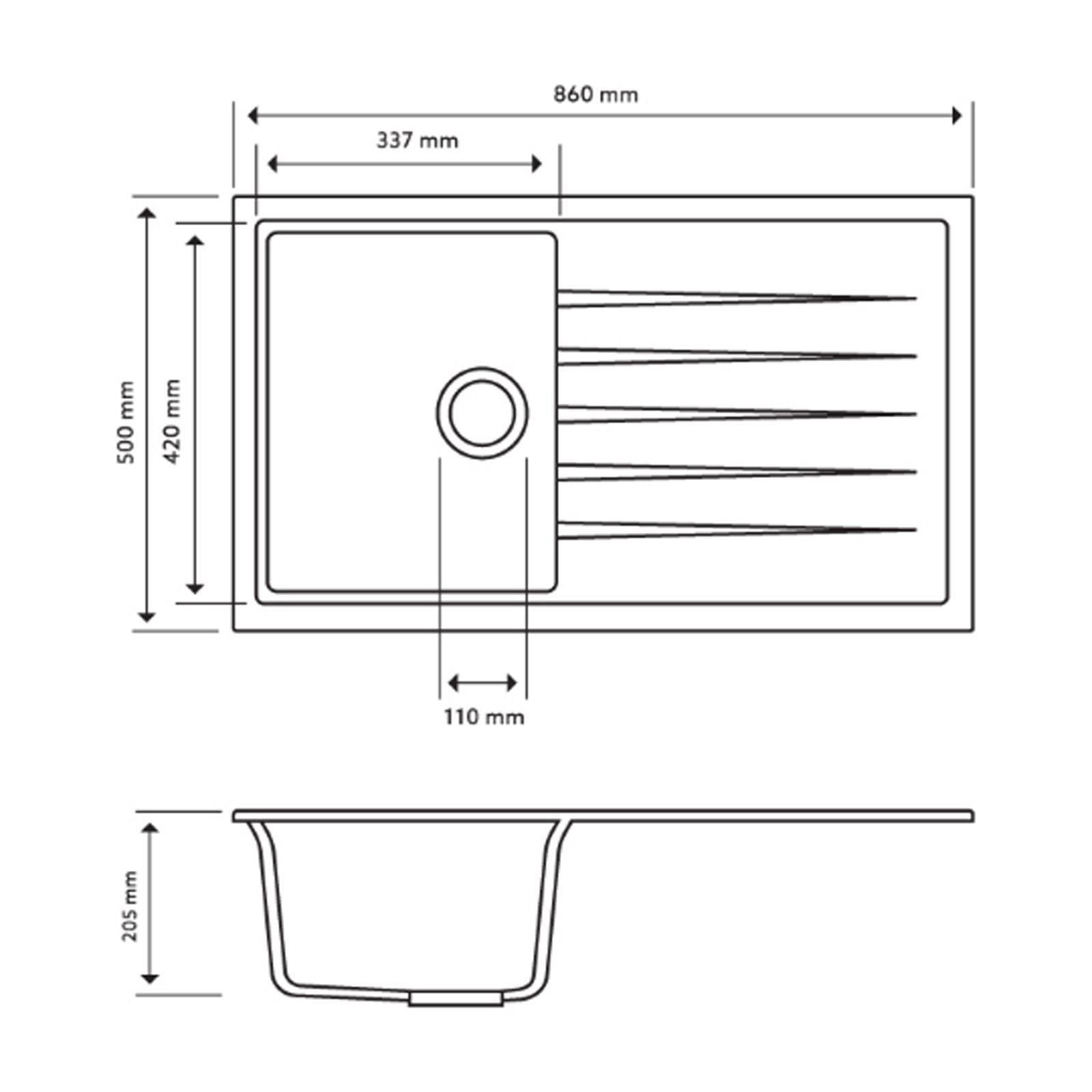 860 x 500 x 205mm Carysil Vivaldi D100 Single Bowl With Drainer Board Granite Kitchen Sink Top/Flush/Under Mount